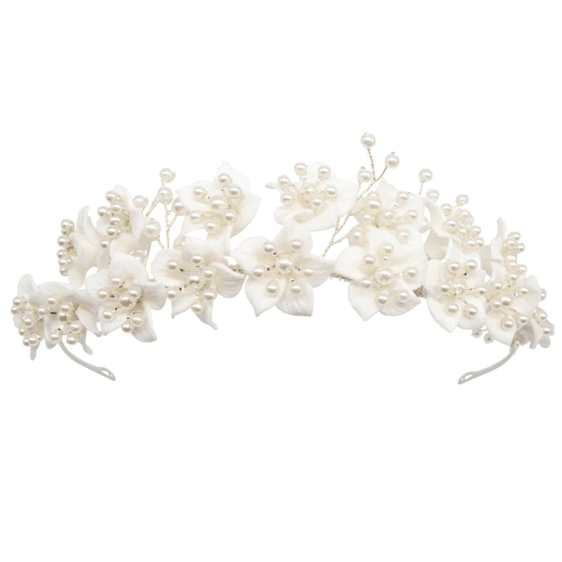 Silver Floral Wedding Headband with Pearls, 7839