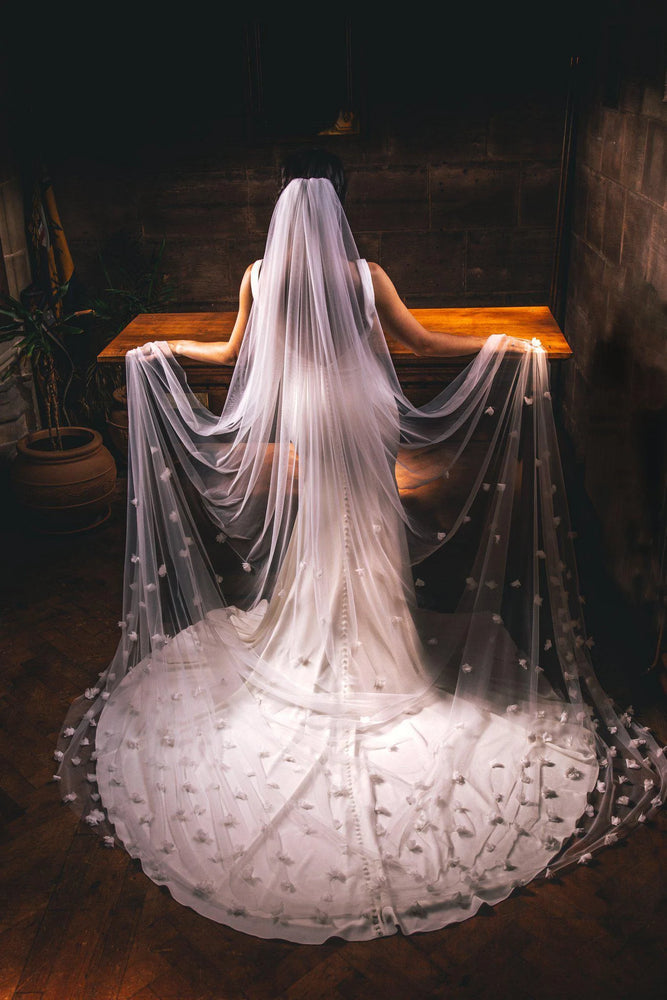 Single Tier Cathedral Length Wedding Veil, Ivory with 3D Flowers