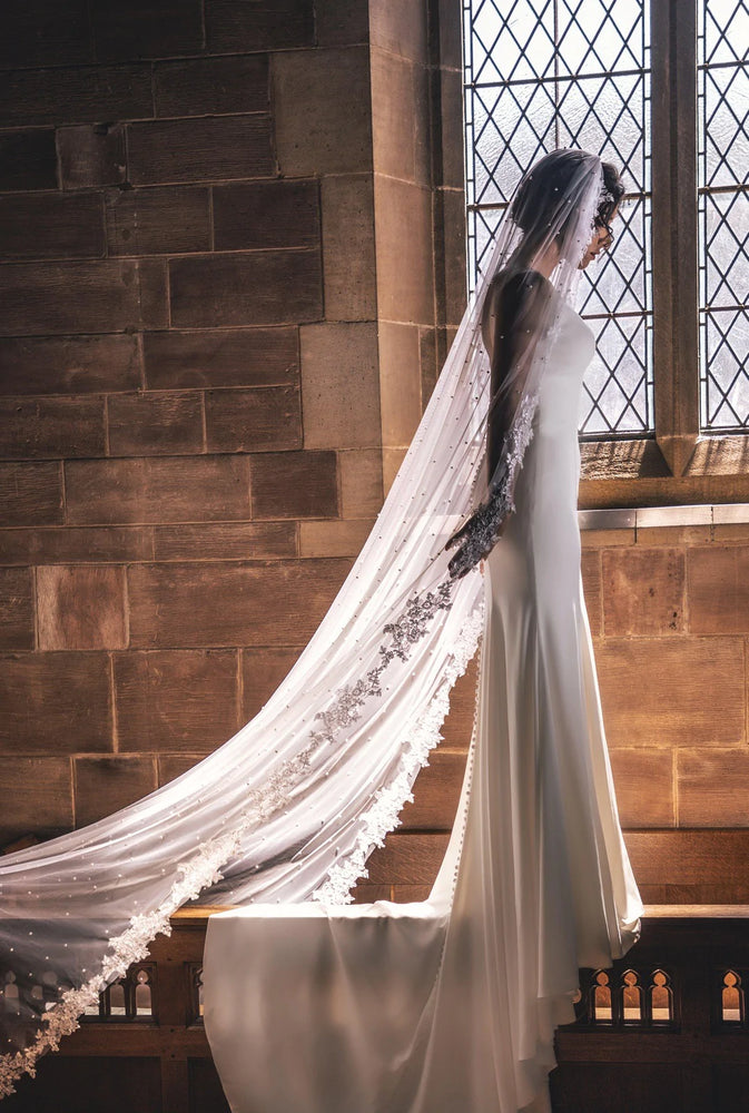 Single Tier Cathedral Length Wedding Veil, Ivory with Lace Edge & Scattered Pearls