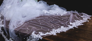 Single Tier Cathedral Length Wedding Veil, Ivory with Lace Edge & Scattered Pearls