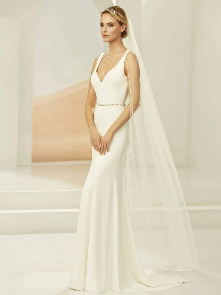 Single Tier Wedding Veil, Floor Length with Glass Bead Edge, Soft Ivory Tulle S402