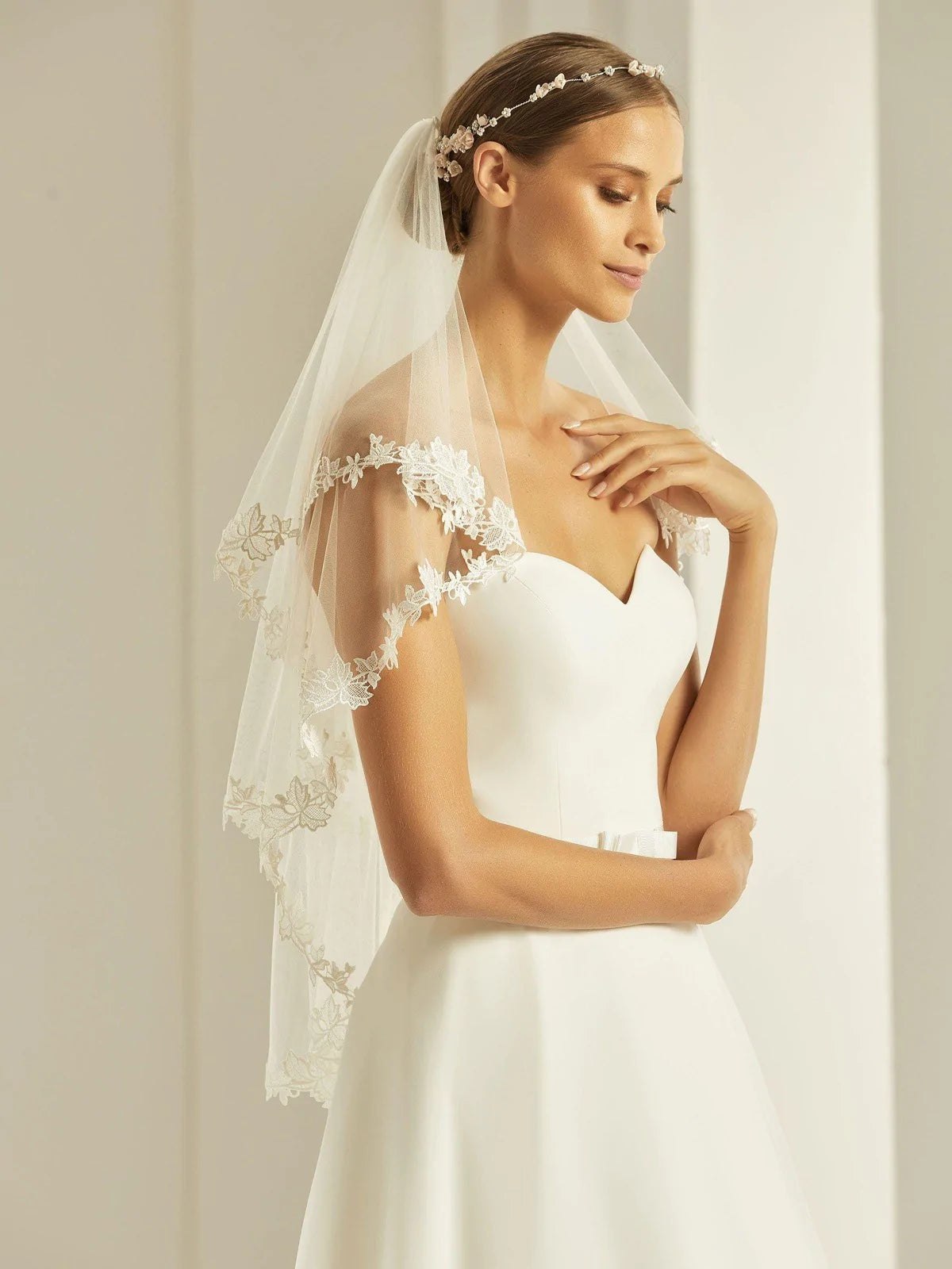 Two Tier Wedding Veil, Lace Edge, Soft Ivory Tulle, Hip Length S304 - Topknot Tiaras & Veils