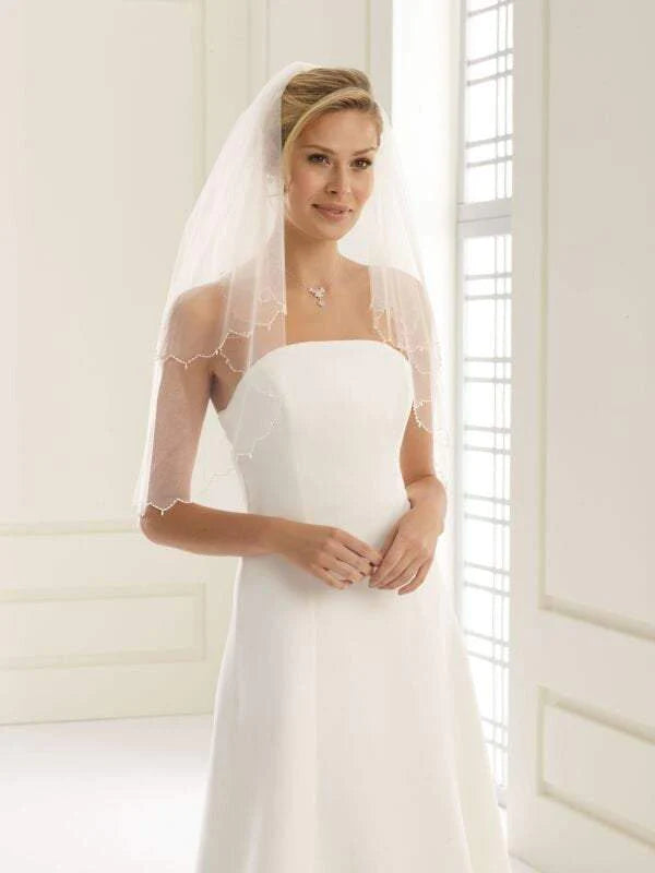 Two Tier Waist Length Wedding Veil With Glass Bead Edge, Crystals, Ivory or White Tulle S141