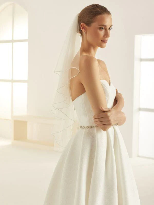 Two Tier Wedding Veil With Glass Bead Edge, Soft Ivory Tulle S312