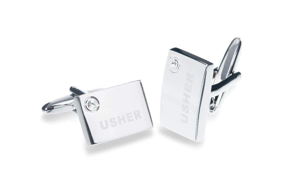
            
                Load image into Gallery viewer, Ushers Wedding Cufflinks, Silver, Laser Engraved with Crystal Setting USHERS-CUFFLINKS
            
        