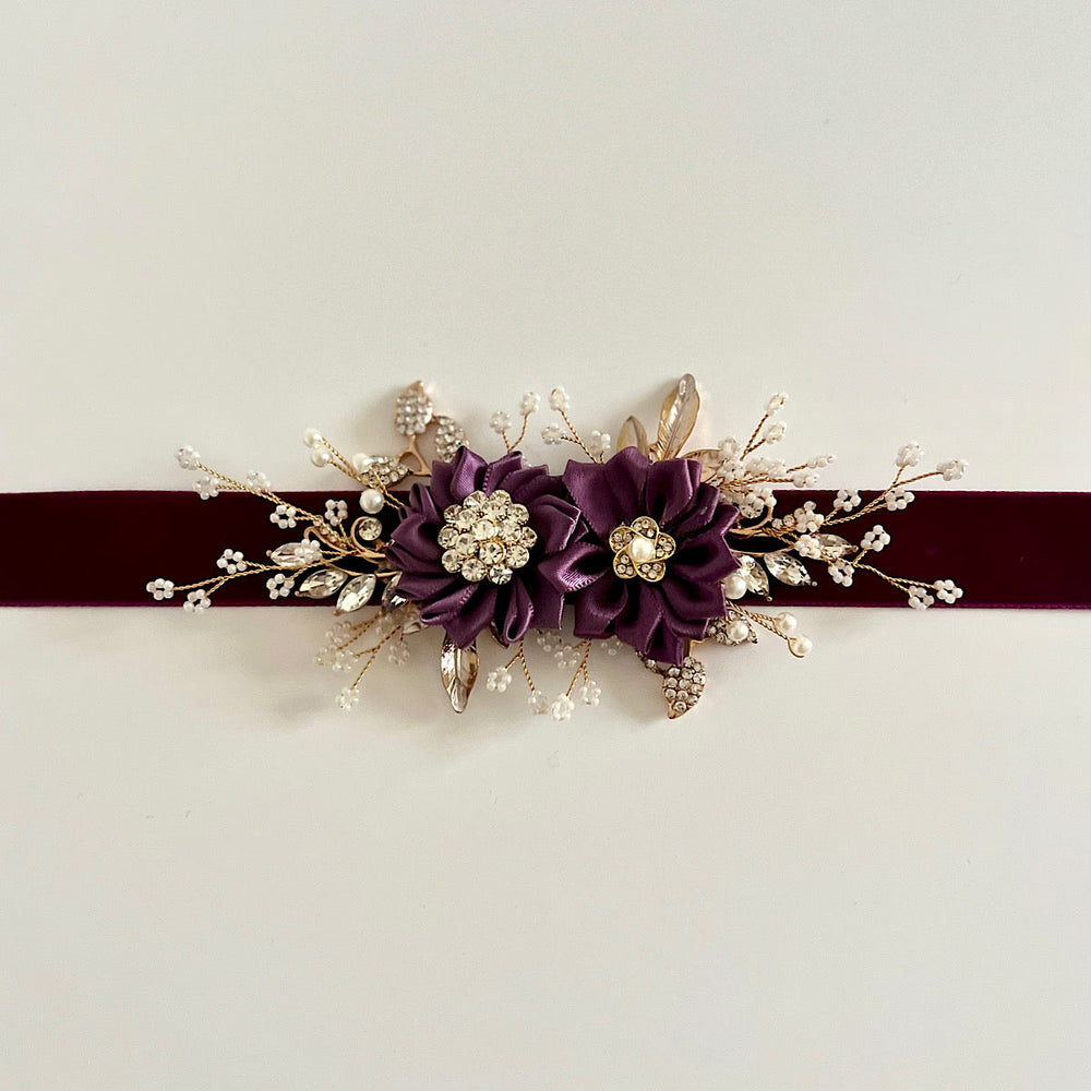 
            
                Load image into Gallery viewer, Velvet Flower Girl Belt Sash, Floral Bridal Belt, Wedding Dress Belt, All colours, TT401
            
        