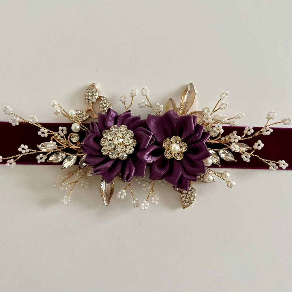 Velvet Flower Girl Belt Sash, Floral Bridal Belt, Wedding Dress Belt, All colours, TT401