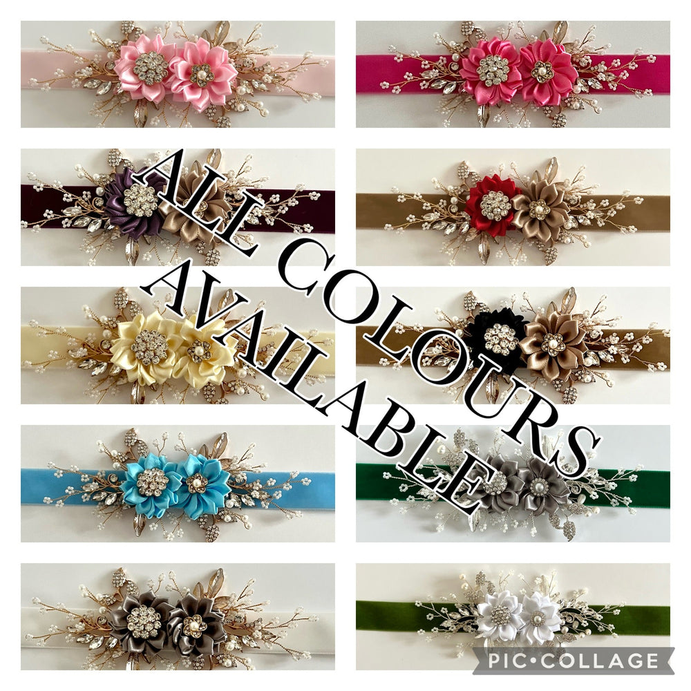 Velvet Wedding Belt Sash, Floral Bridal Belt, Flower Girl Belt, All colours, TT412
