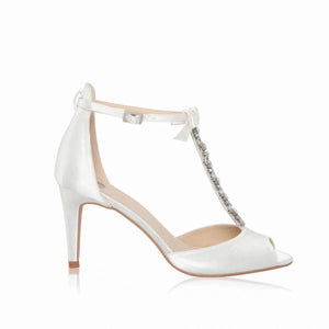 
            
                Load image into Gallery viewer, Wide Fit Wedding Shoes, Ivory Satin with Crystal T-Bar, PHOENIX WD
            
        